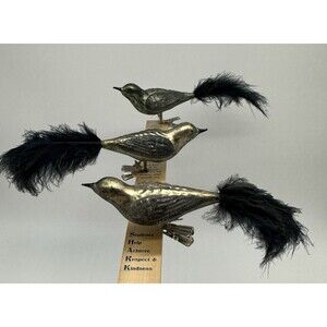 3 Blown Glass Bird Clip On Ornaments Feather Tails Gold & Black Glitter Vintage